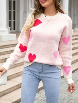 Women s Heart Print Sweaters Long Sleeve Round Neck Loose Pullovers Valentine’s Day Knit Tops 4
