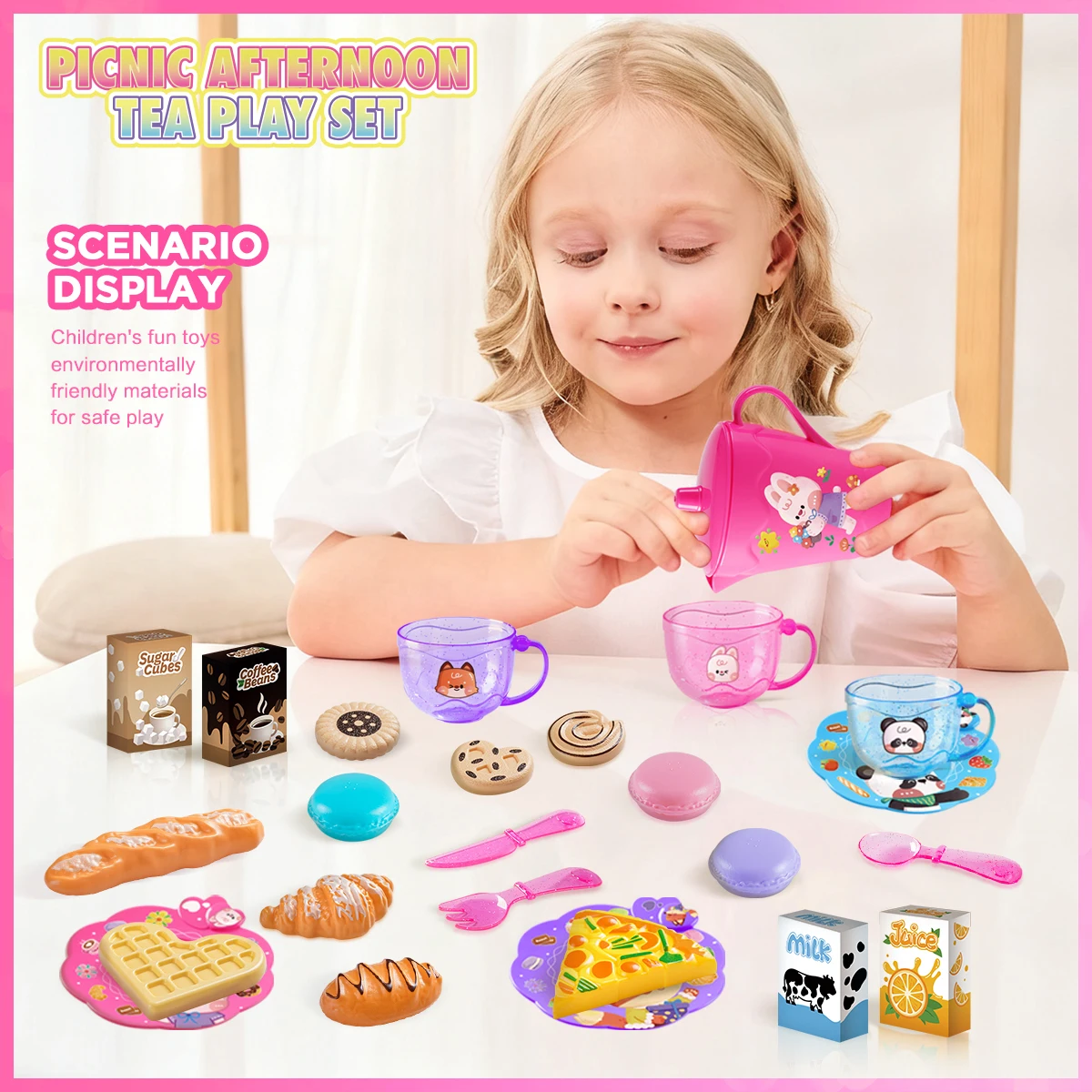 Little girl tea party set, princess afternoon tea time toy set, with food and dessert toy children's kitchen game