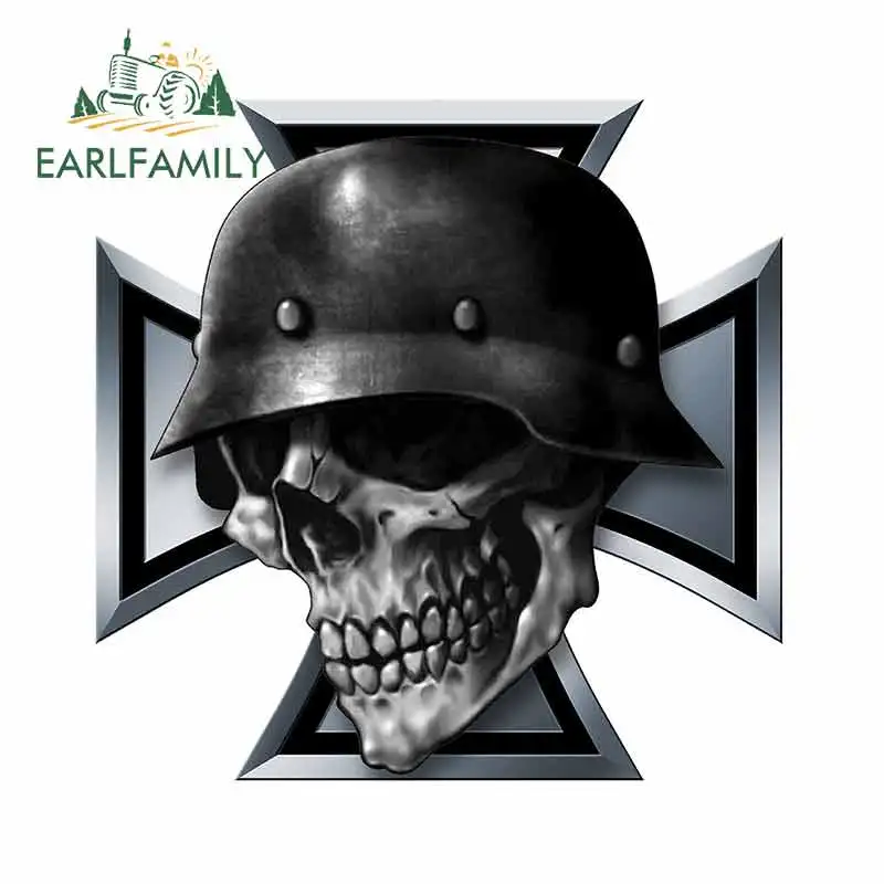 EARLFAMILY 13cm For Iron Cross Skull Motorcycle Car Stickers Campervan Car Accessories Windows Decal Graffiti RV SUV JDM VAN