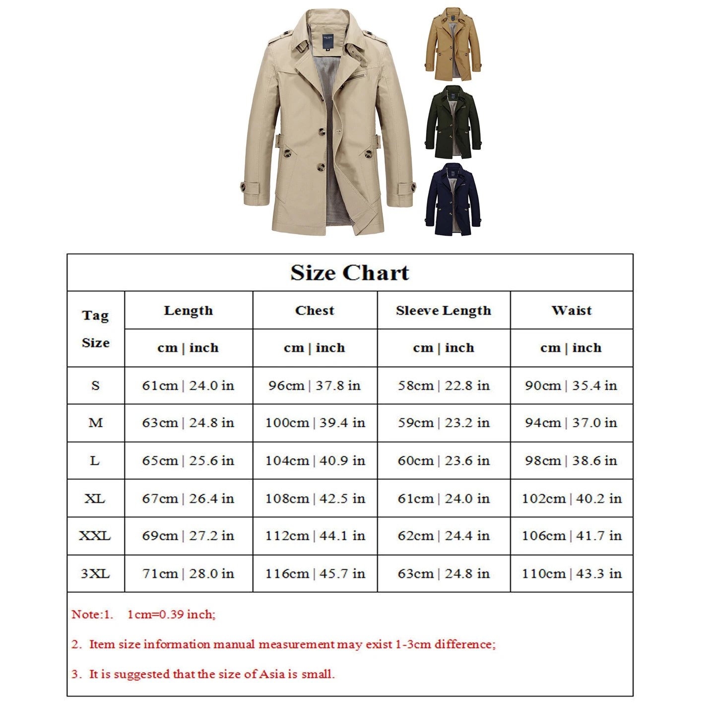 Men's Solid Color Windbreaker Coat Mid-length Fashion Casual Button Jacket Tops Business Office Commuter Trench Coat Outerwear