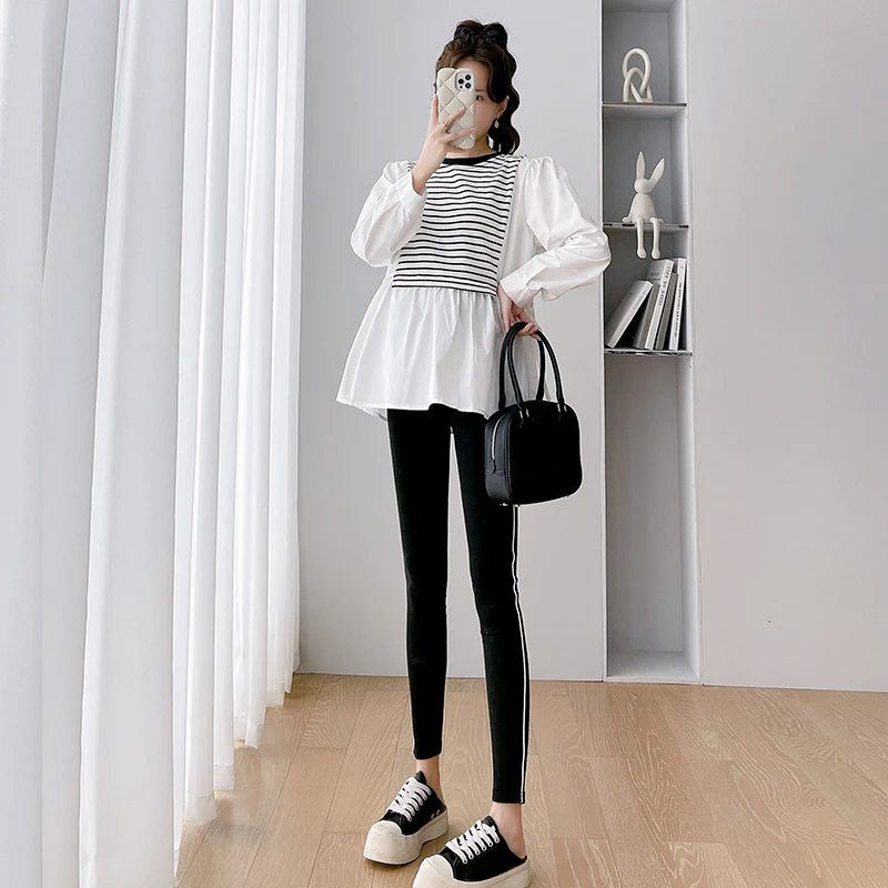 Autumn Pregnant Women's Clothes Striped Patchwork High Waist Maternity  Belly Leggings Stretched Skinny Pregnancy Pants Trousers