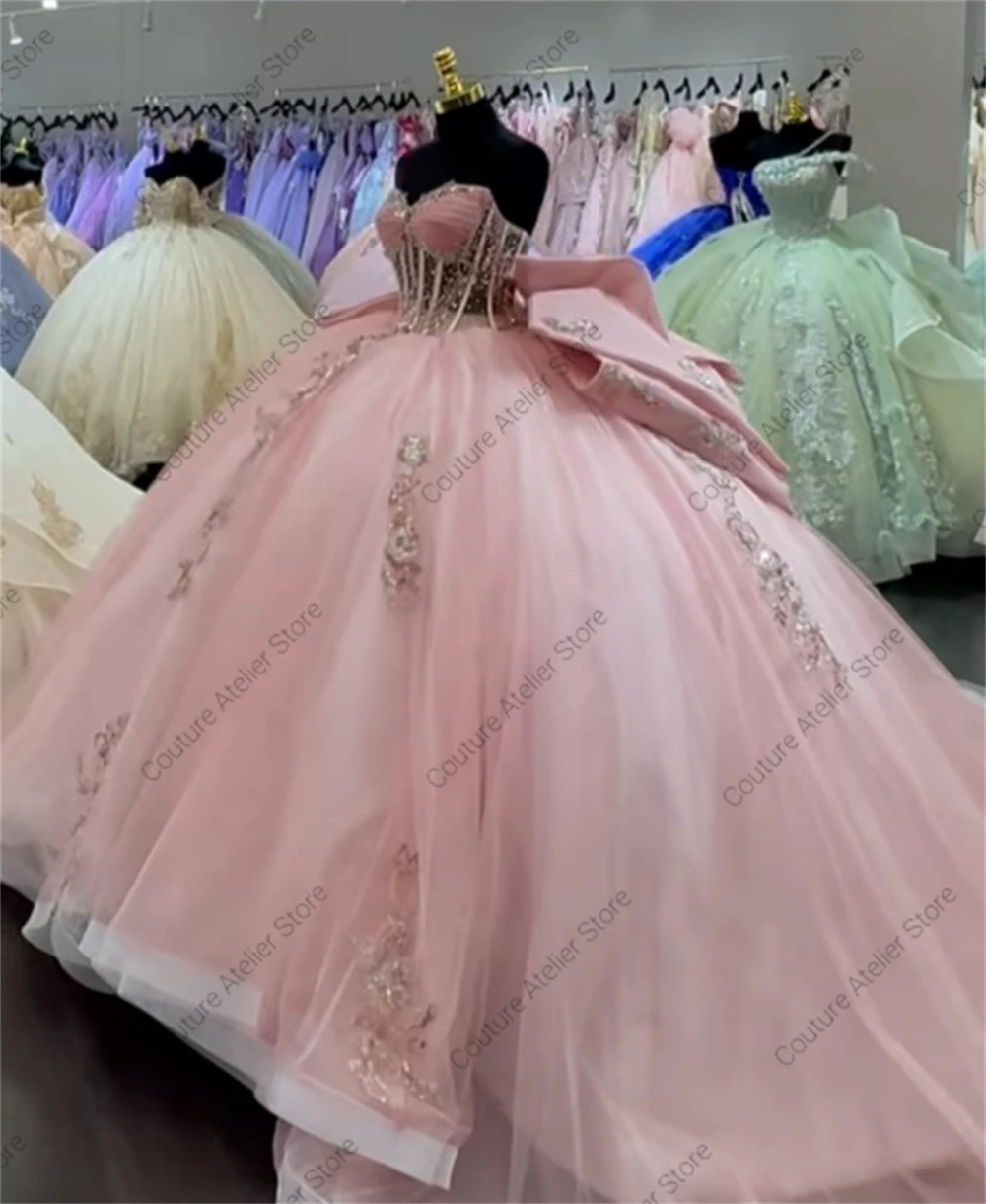 Exquisite Pink Sweet 16 Quinceanera Dresses Rhinestones Corset Applique Ball Gown With Bow vestidos xv a&ntilde;os nuevos Customized