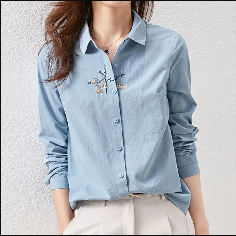 

Spring Autumn New Cotton White Shirt for Women High Quality Embroidery Long Sleeves Fashion Versatile Shirt
