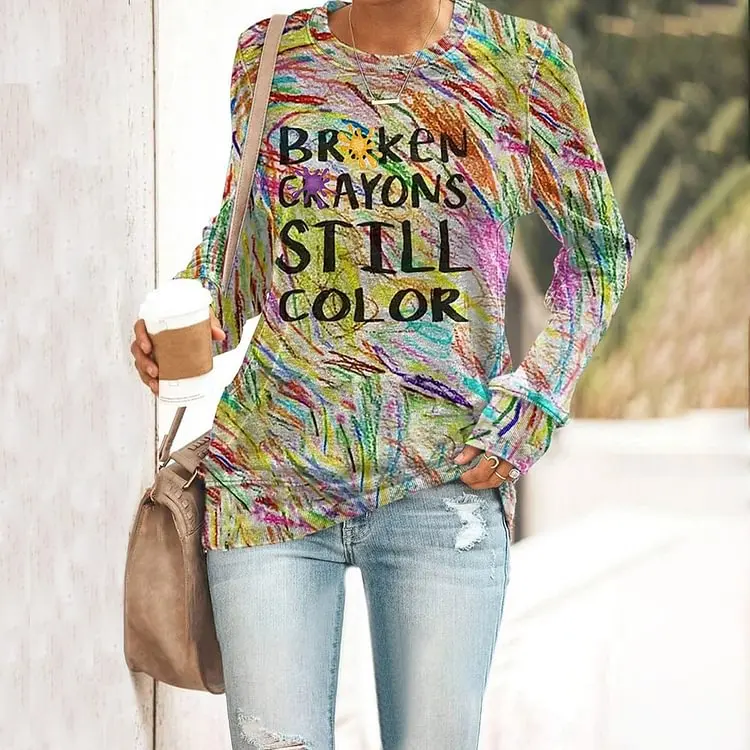 

Vintage Fashion Printed T-Shirt Broken Crayon Static Color Printed Niche Women Clothing Crew Neck Long Sleeve Versatile Top