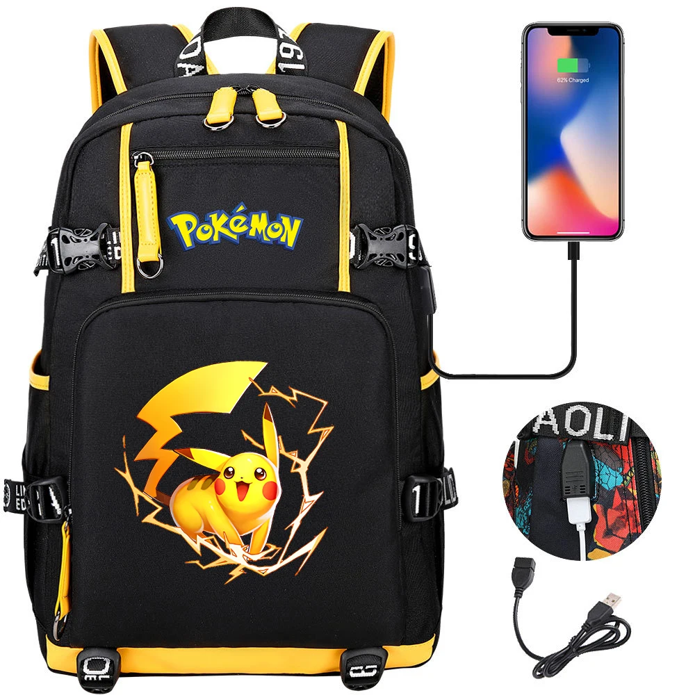 Pokemon Pikachu Backpacks Schoolbag Large Capacity Laptop Bag Waterproof Multifunction USB Charging Mochila