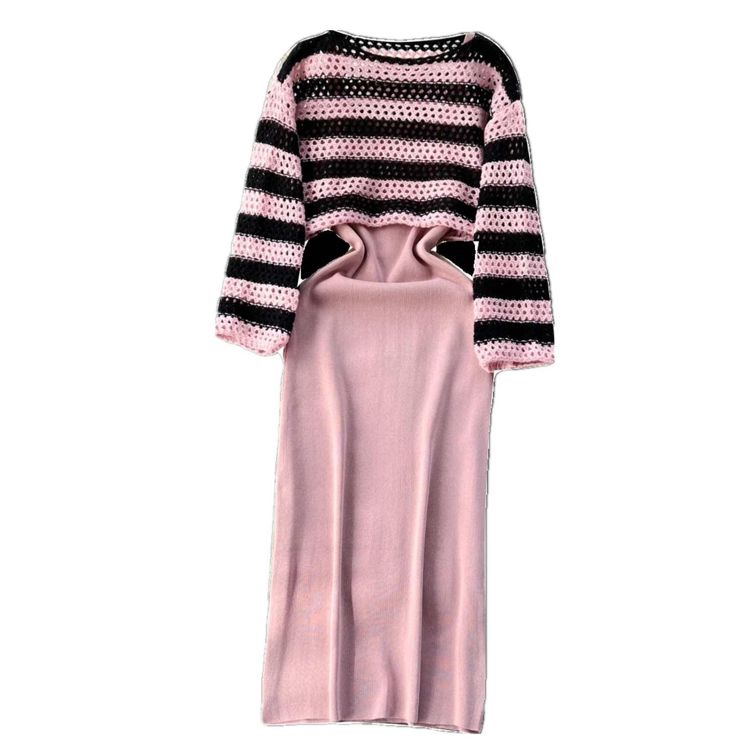 

Весенне-осенние женские вязаные костюмы с юбкой, модный полосатый короткий пуловер с вырезами, свитер и искусственное платье, комплект из двух предметов