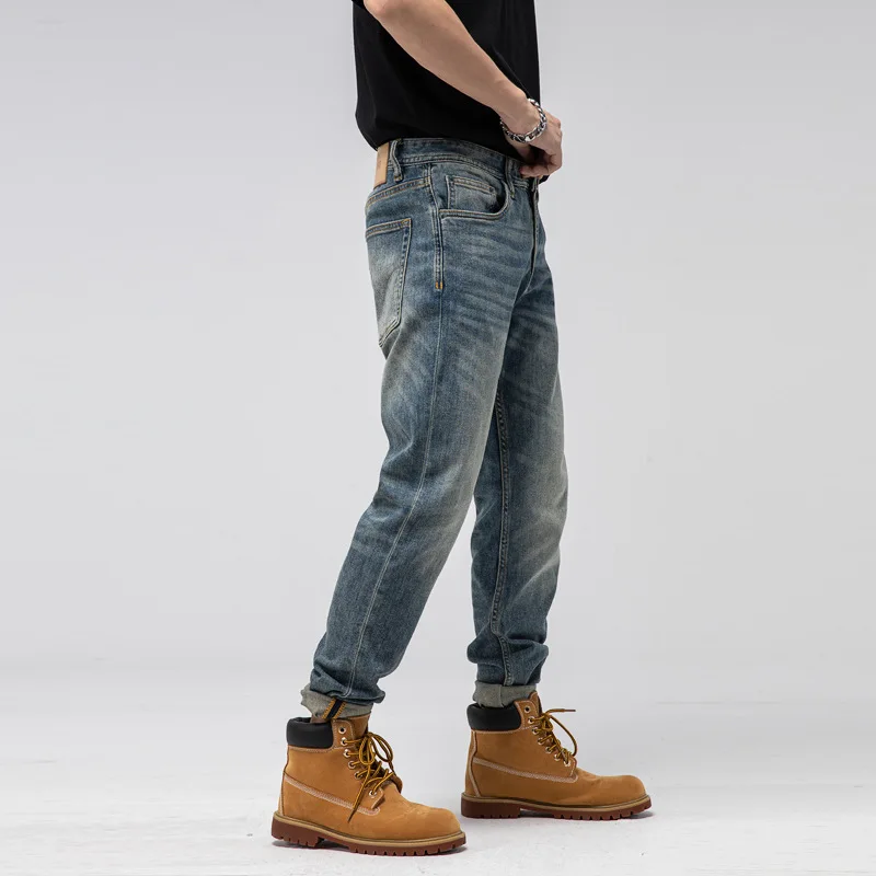 European and American good quality retro washed stretch jeans men's small straight trousers men's summer slim long pants
