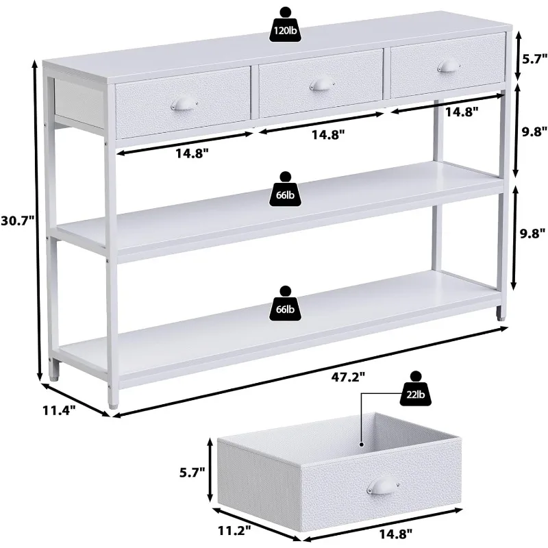 Furologee Long 47 Console Sofa Table with 3 Drawers, Entryway Table with  3-Tier Storage Shelves, Industrial Display Shelf for Entry Way, Hallway