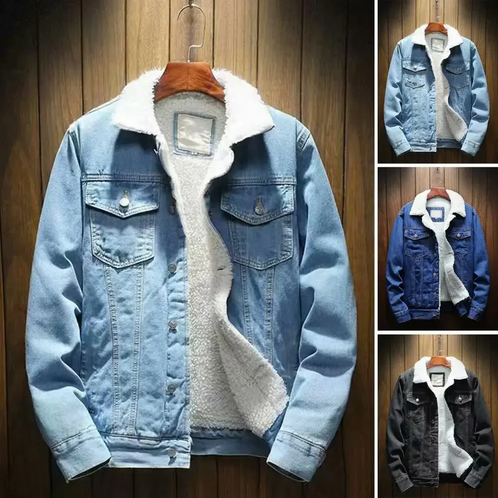 

Men Jean Jacket Thicken Lamb Cashmere Lining Solid Color Coldproof Outerwear Winter Single Breasted Denim Coat Streetwear