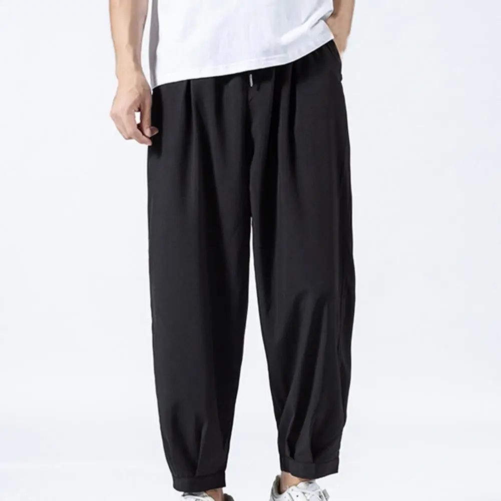 Solid Color Men Pants Ankle-length Smooth Wide Leg Ankle Tied Oversize Pants Sweatpants