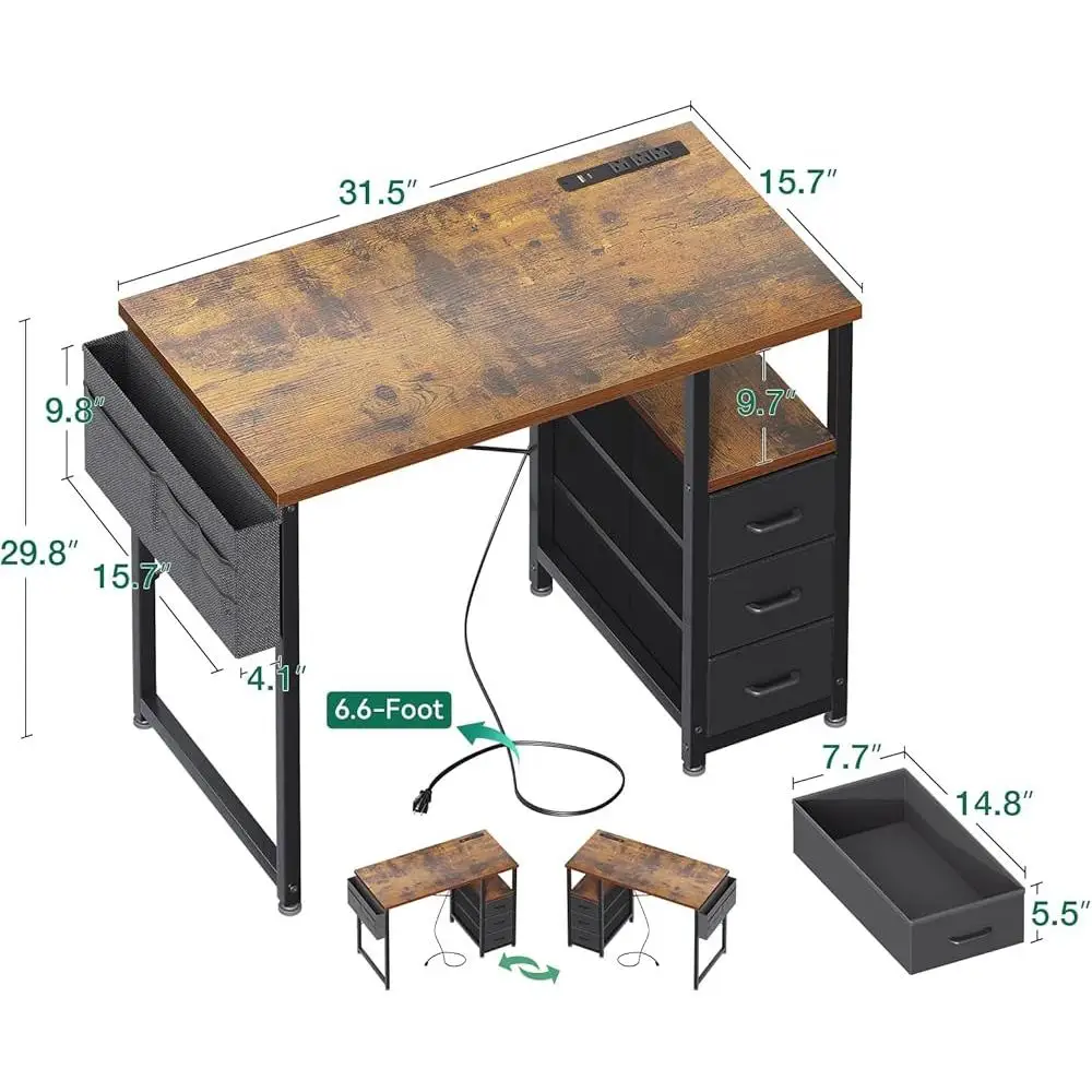 Small Computer Desk with Power Outlets and Storage Drawers Home Office Study Room Kids Bedroom 4