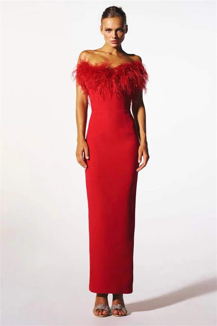 

Красное ковровое длинное вечернее платье богини, изящное женское платье с вырезом лодочкой и перьями, красная посылка, Бандажное платье, вечерние платья Vestido