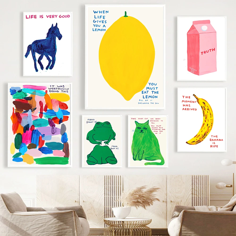 David Shrigley Cavallo Pesce Gatto Banana Limone Wall Art Canvas Painting Nordic Poster E Stampa Immagini A Parete Per La Decorazione Del Soggiorno