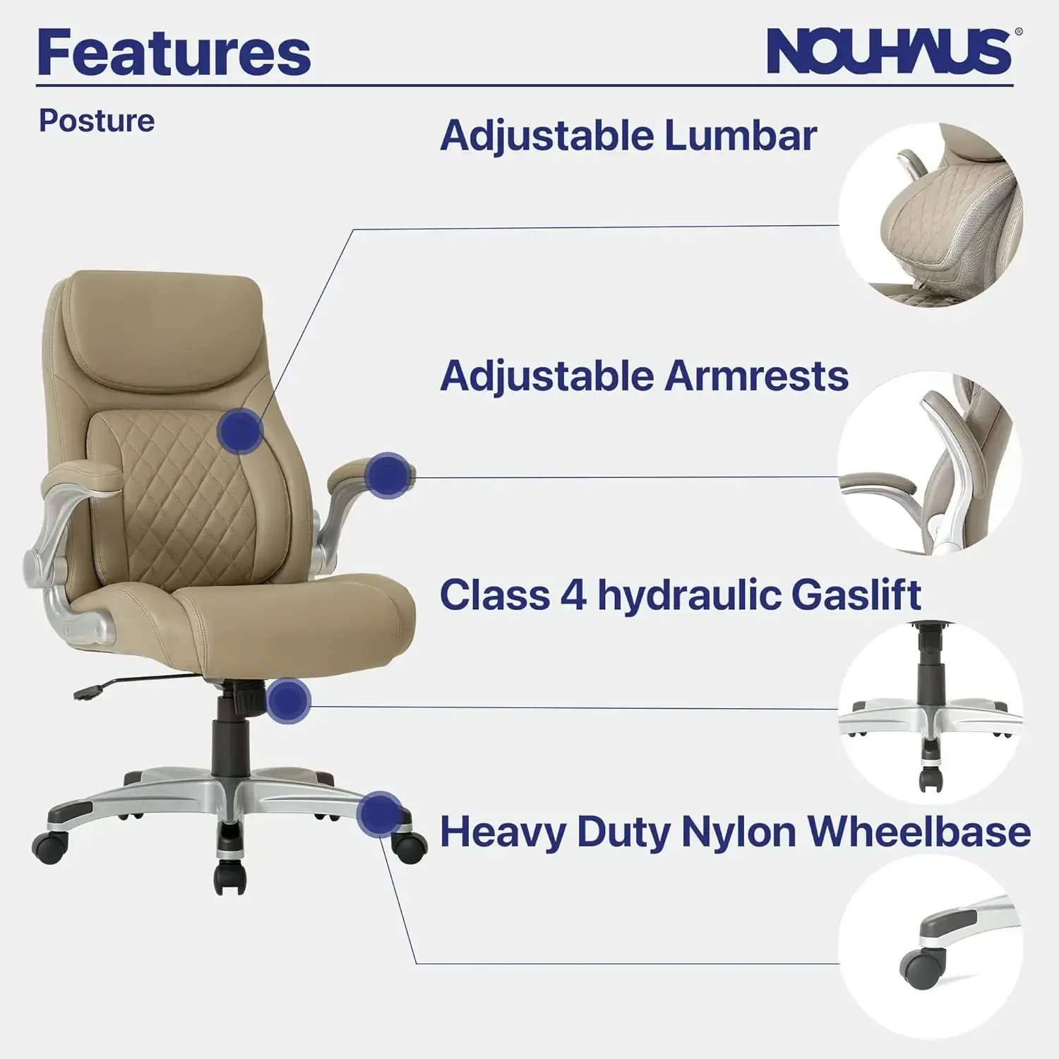 Nouhaus +Posture Ergonomic PU Leather Office Chair. Click5 Lumbar Support with FlipAdjust Armrests (Taupe)