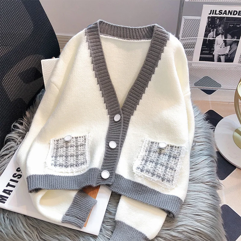 

White And Black Cardigan Women Sweater 2023 Autumn Fashion Pockets Long Sleeve Top Knitted Cardigans Sweaters Womens Clothing