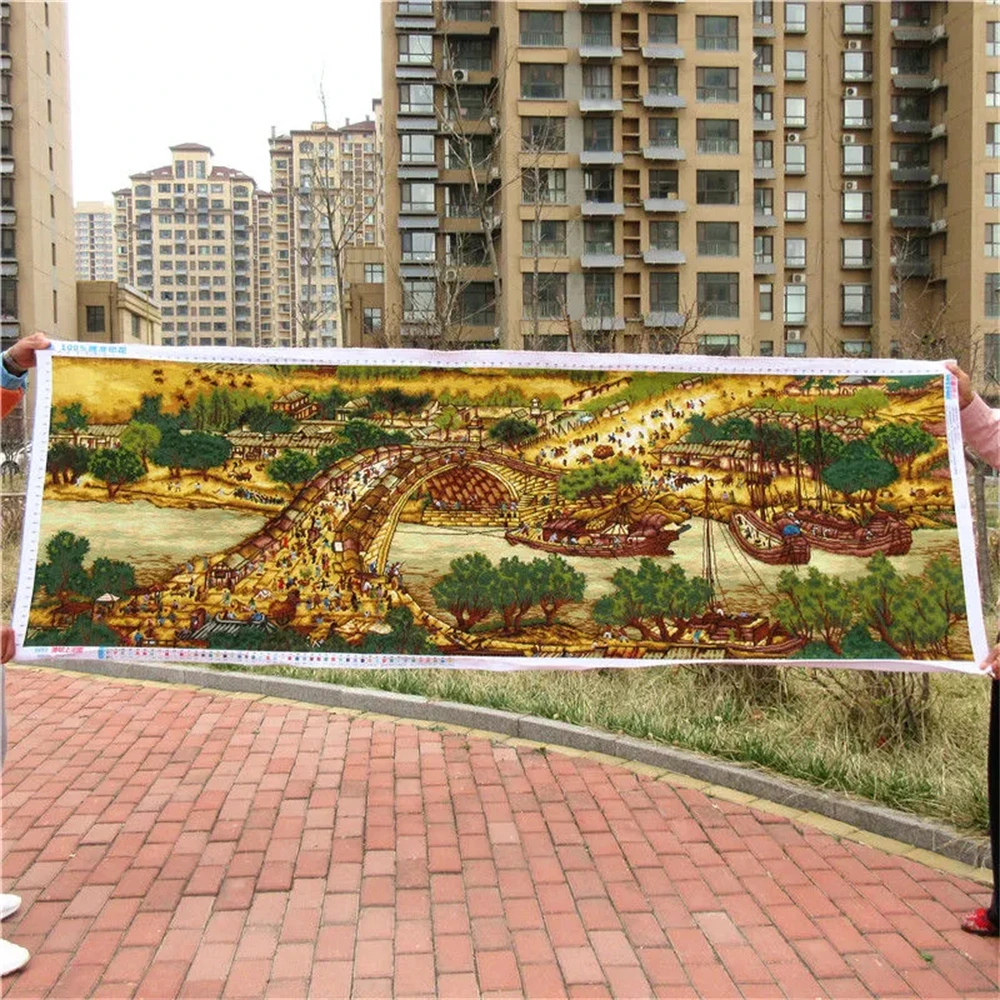 Pure handmade Cross-stitch finished product embroidery of the Qingming River landscape living room decoration painting