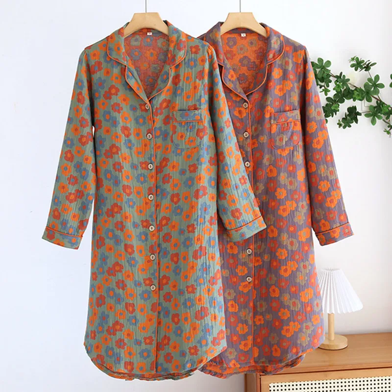 

Spring Autumn Nightdress Women Cotton Long Sleeve Sleeping Dress Simple Double Layer Gauze Home Clothes Ladies Nightgowns