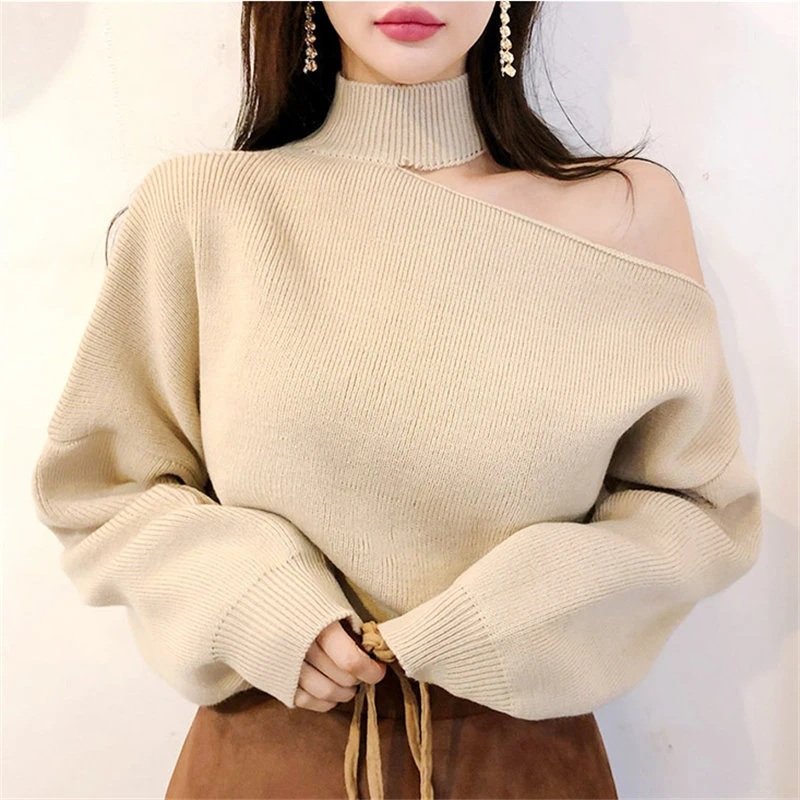 JMPRS Bare Shoulder Women Knitted Sweater Fashion Autumn Loose Irregular Pullover Jumper Casual Elegant High Street Tops cute sweaters