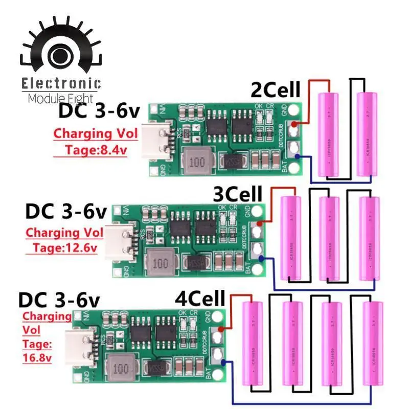  SX Multi-Cell 2S 3S 4S Type-C To 8.4V 12.6V 16.8V Step-Up Boost LiPo Polymer Li-Ion Charger 7.4/11.1/14.8V 18650 Lithium Battery 