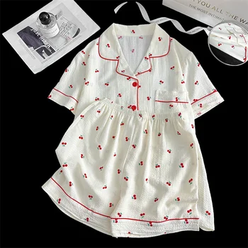 Summer Short Sleeve Sleepwear Women's Bubble Gauze Pleated Cardigan Sweet Little Cherry Thin Home Clothes Set Casual Style 3