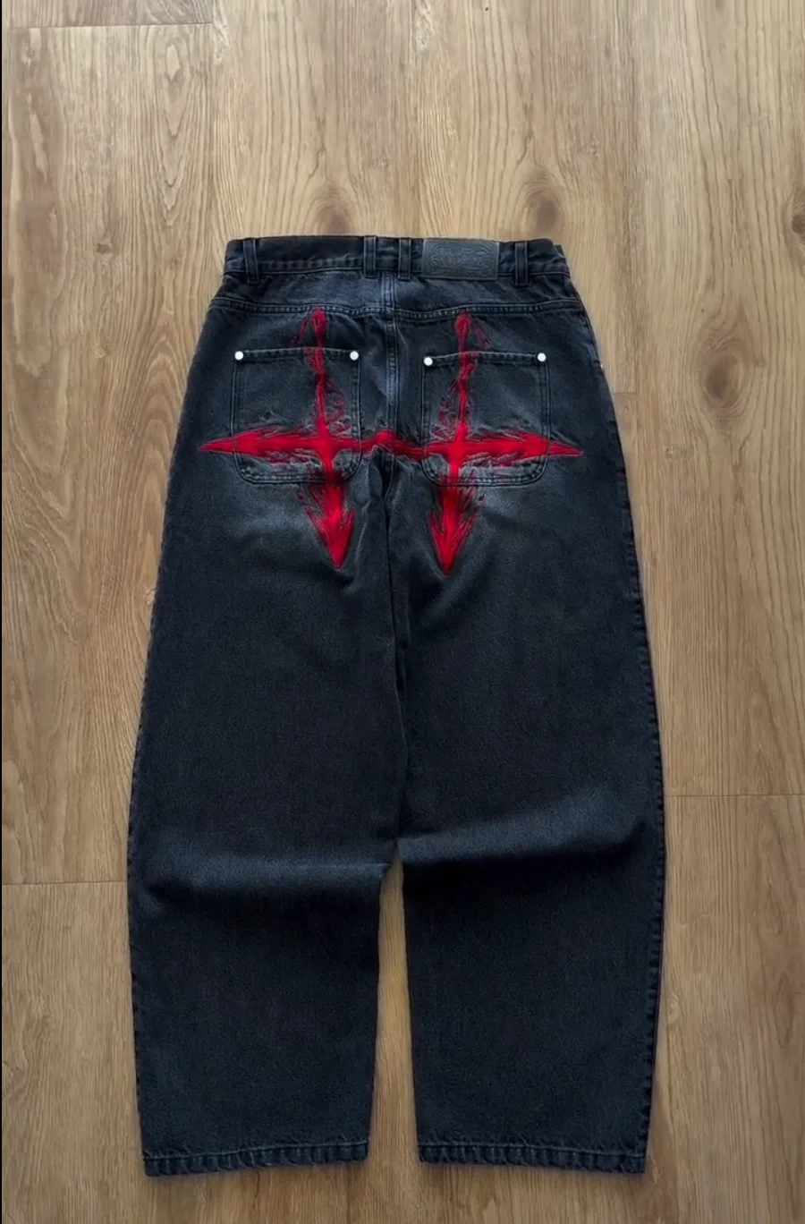 Y2K Vintage Loose Denim Pants Black Japan Cartoon Pattern Embroidered Jeans Women Wide Leg High Waist Streetwear Men Jeans 2