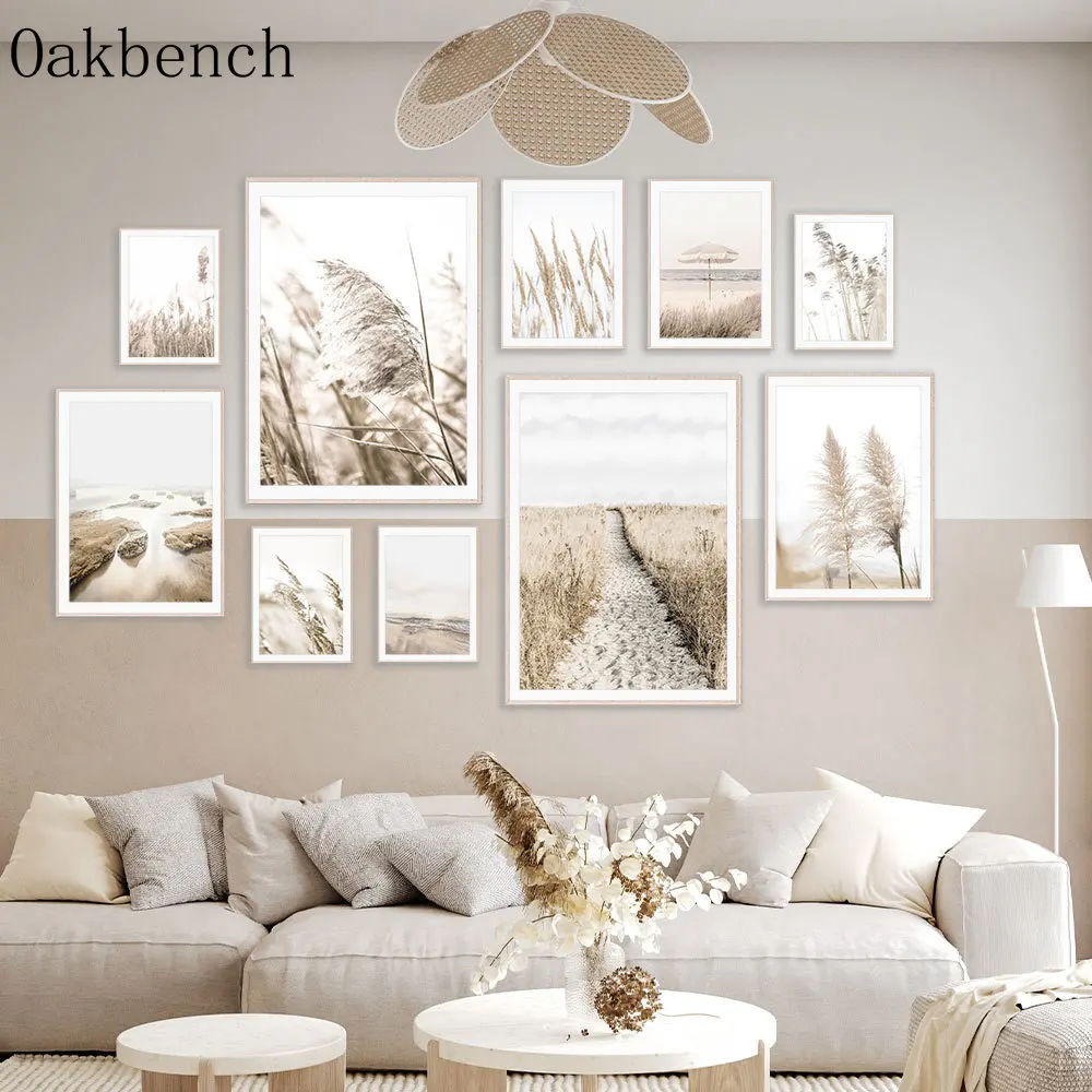 

Beige Canvas Poster Reed Pampas Art Prints Beach Sea Painting Poster Road Wall Pictures Nordic Wall Posters Living Room Decor