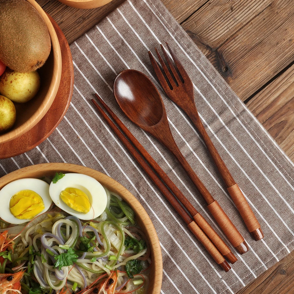 Tableware Natural Wood Spoon Chopsticks Fork Portable Dinnerware Grain Household Kitchen Cutlery Set 3 Pieces