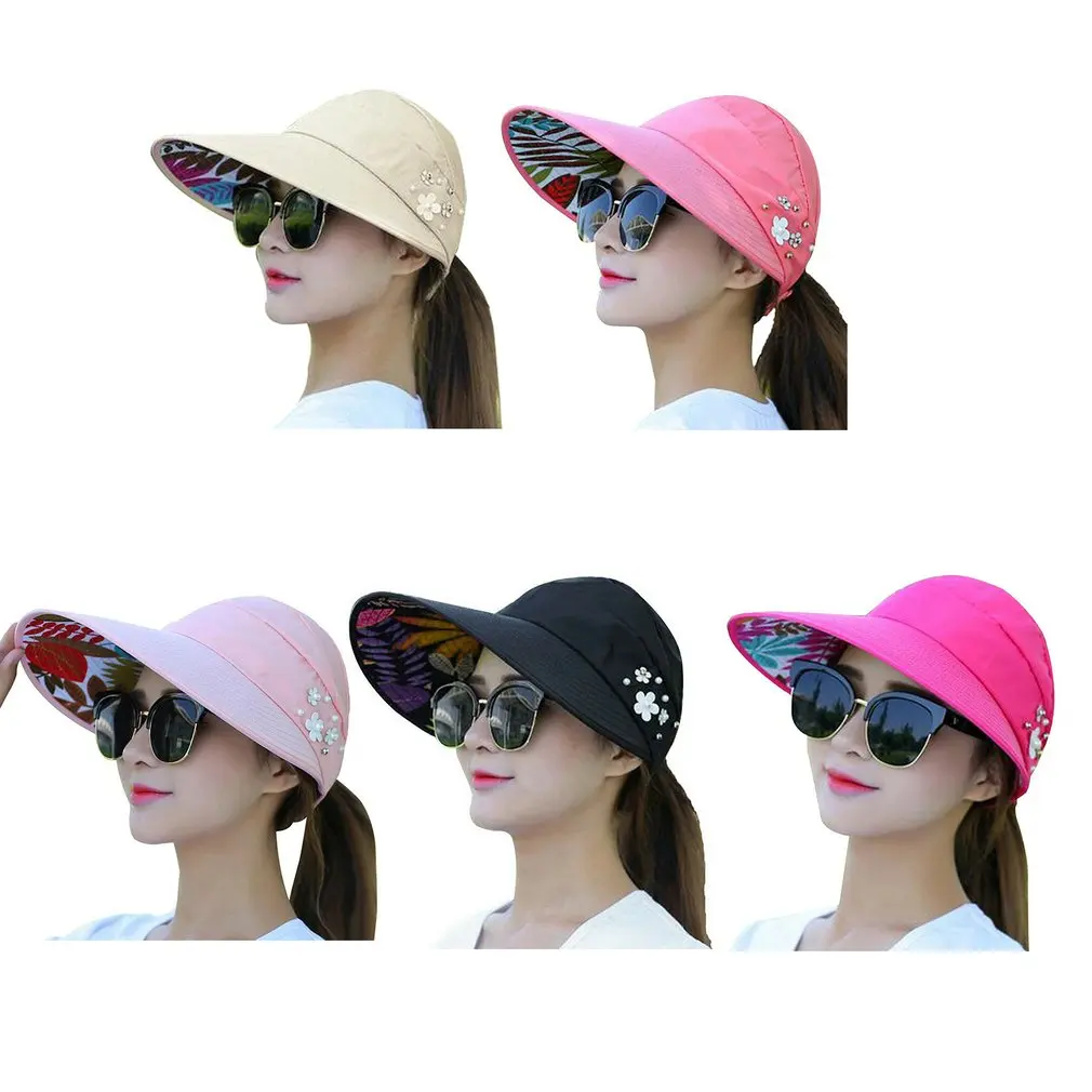 

Dihope New Arrival UV Protection Women Summer Beach Sun Hats Pearl Packable Sun Visor Hat With Big Heads Wide Brim Female Cap