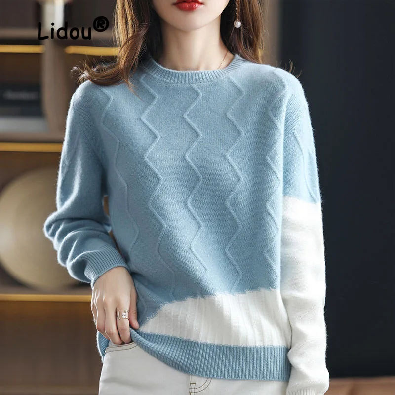 

Autumn Winter Fashion Color Blocking Knitting Sweaters Women New High-quality Long Sleeve Loose No Plush O-collar All-match Top