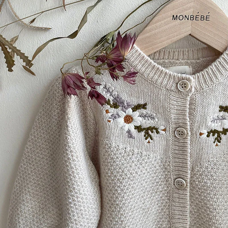 Baby Girls Sweater Autumn Children Long Sleeve Sweater Coat Baby Girls Embroidered Knitted Cardigan Jacket Kids Toddler Single Breasted Clothes