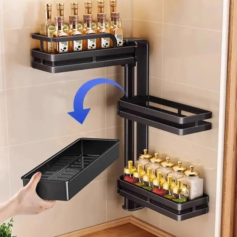 

Kitchen Corner No-Punch Multi-Tier Rotating Shelf Shower Storage Rack Square Aluminum Organizer Holder for Bathroom Kitchen