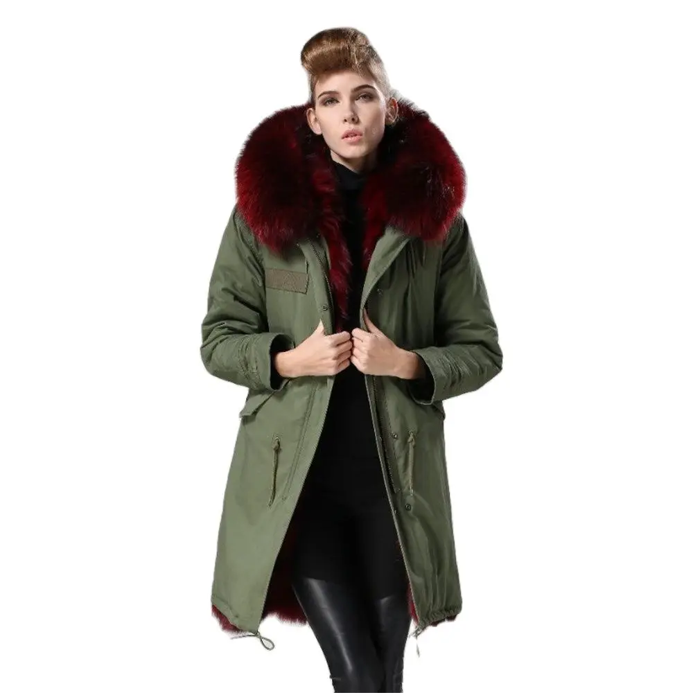 Newest Burgundy Fashion Long Real Fox Linner Winter Coat Women ...