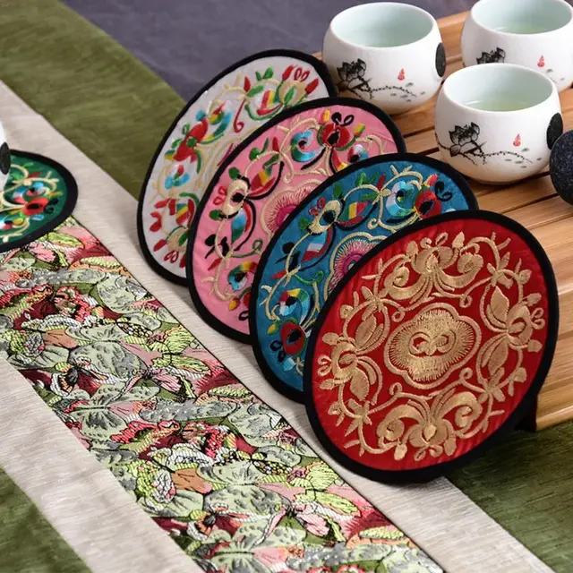 Hímzett Ruhák Alátétek 10Db Boho Vintage Etnikai Virágos Teáscsésze Placemats Kínai Stílusú Dekorációs Párnák - Image 4