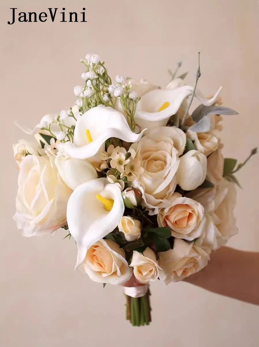 JaneVini Champagne Roses Artificial Flower Bouquet for Wedding Real Touch White Calla Lillies Bridal Bouquet Buchete Mireasa