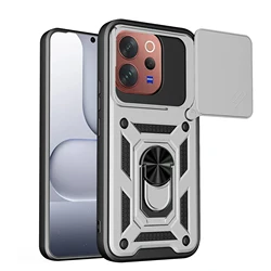 Enhanced Shockproof Armor Case with Slide Camera Protection and Ring Stand for VIVO V70 Elite (Silver)