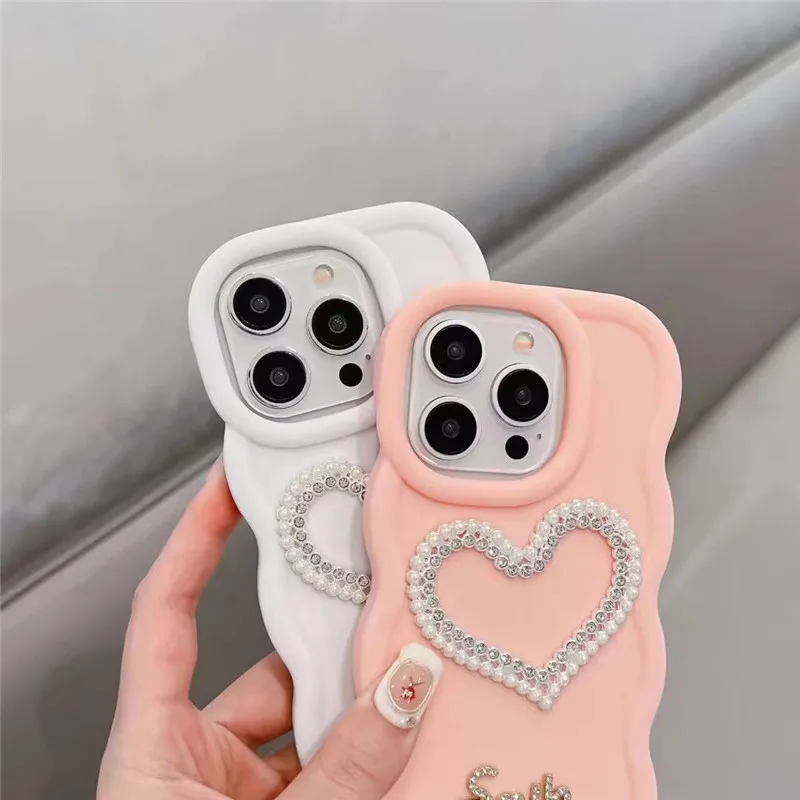 Coque arrière en silicone souple pour Xiaomi Redmi Note 13 Pro, Note 12, Note 11, 11s, Note 10 Pro, 10A, 10C, 12C, motif cœur et diamant perlé_voghion.com