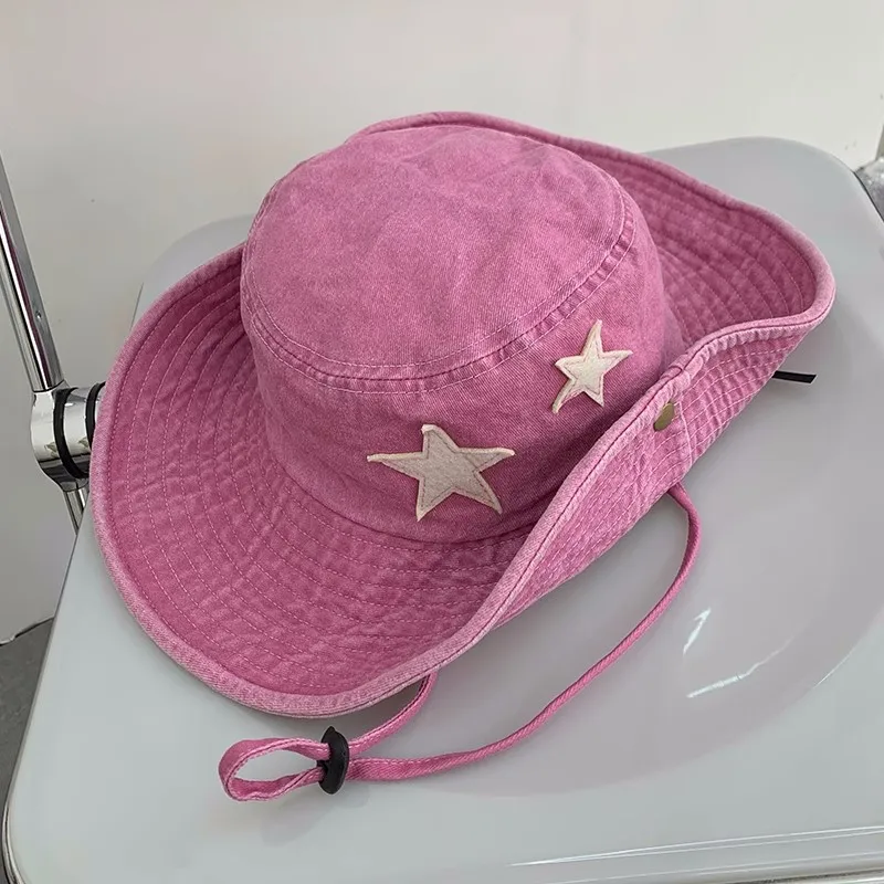 Hot Sale Punk Stars Bucket New Summer Y2K Star Pink Retro Big Brim Outdoors Sun Protection Girl Cowboy Hat Casual Jazz Cap_senzul.com