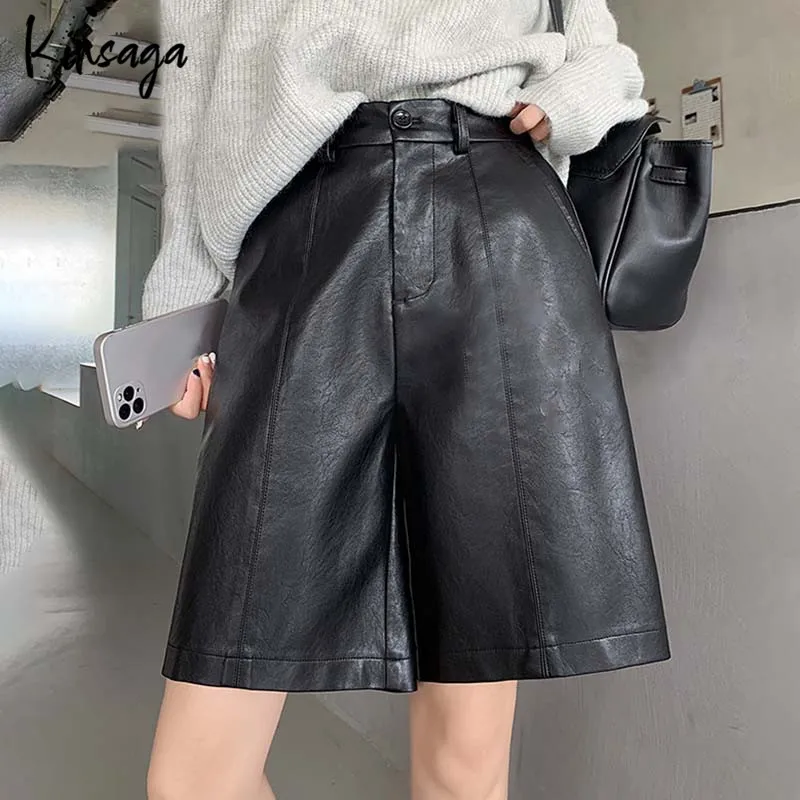 

Women Wide Leg Leather Shorts Street All-match High Waist Patchwork Stripe Fifth Shorts Pant Slouchy Loose Spliced Bermuda Lady