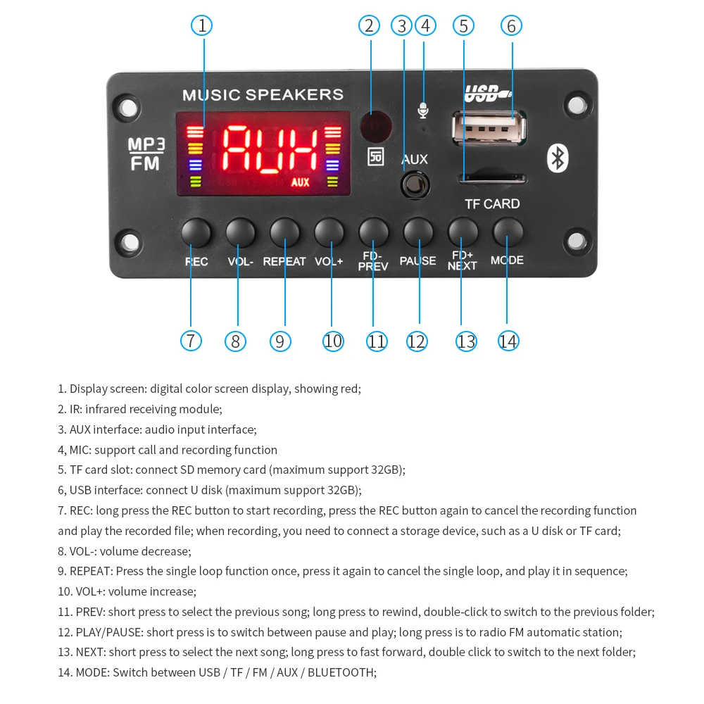 Color Screen 12V Decoder Board Bluetooth5.0 Car MP3 Player USB Recording Module Support FM AUX call Recorder Folder switching