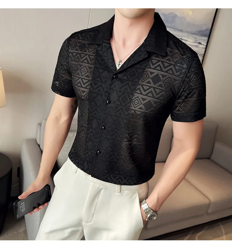 Spring/Summer Short Sleeved Shirt for Men Tailored Collar Lace Shirt Fashion Nightclub Social Party Tuxedo Blouse Streetwear