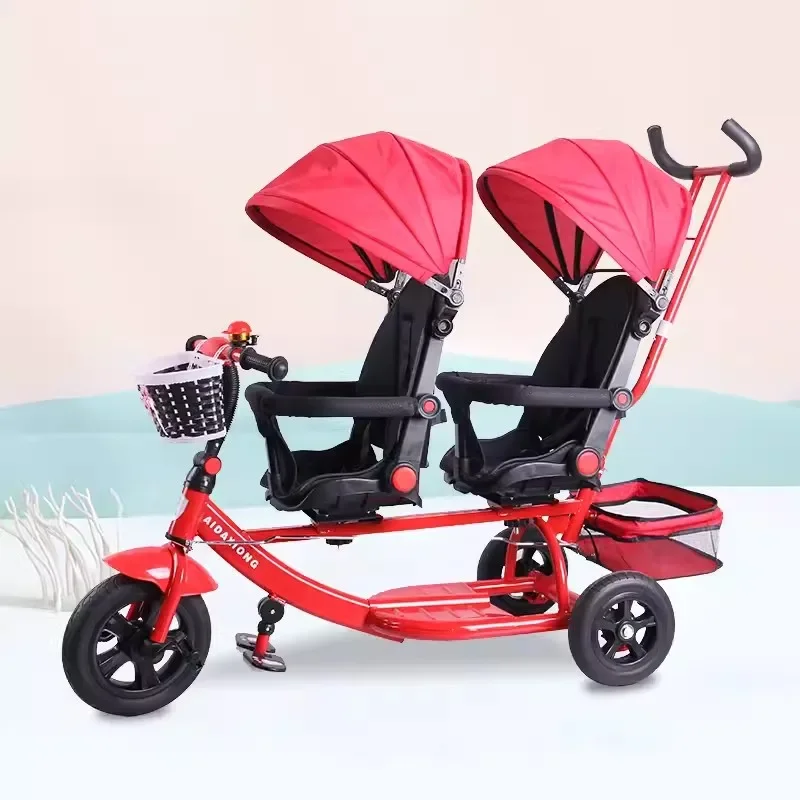 

Twin Children's Handcart Size Two Front and Rear Seats Baby Bicycle Twin Can Sit and Lie Down Baby Stroller Divine Tool