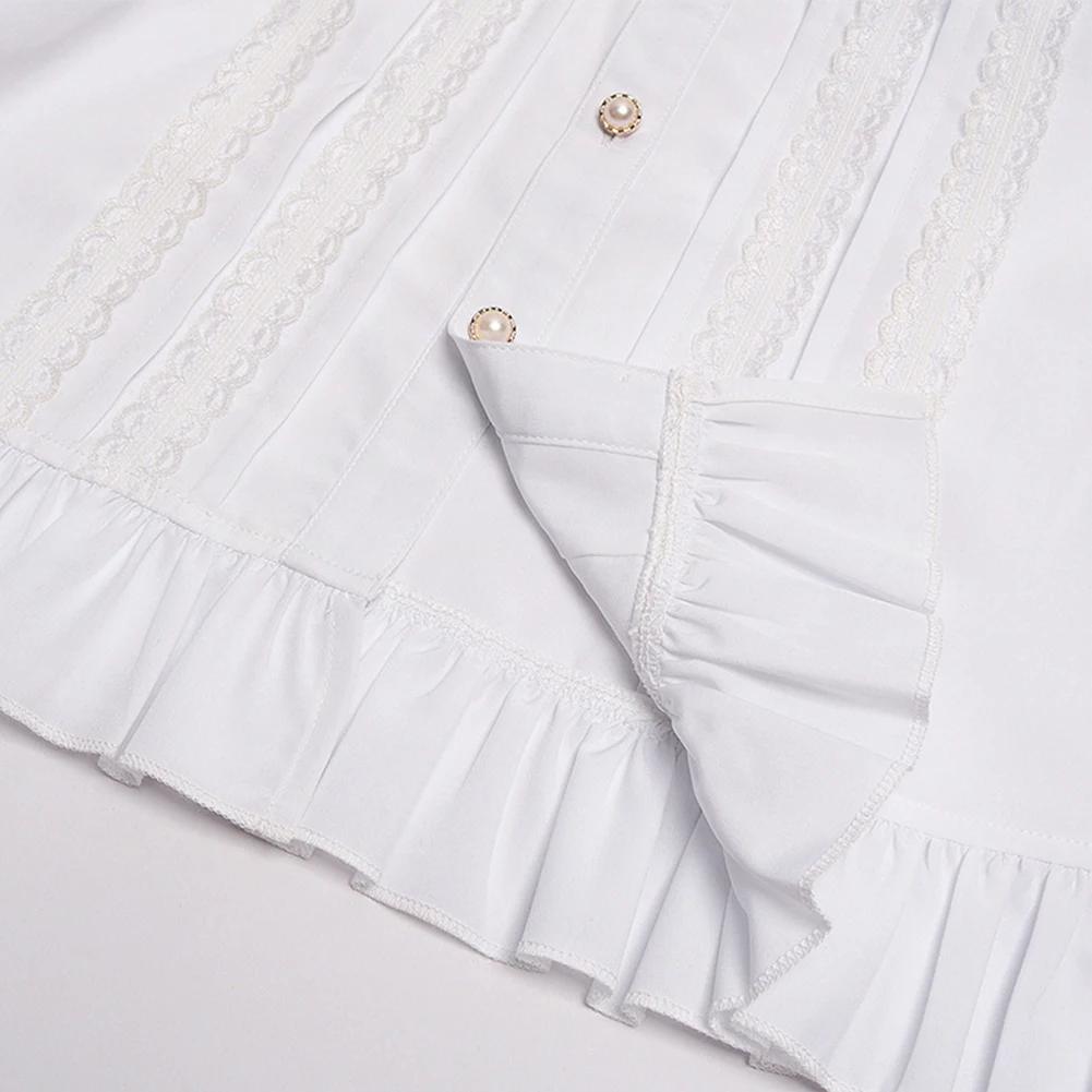 Vintage Victorian Women's Shirts And Blouse Solid White Gothic Stand Collar Lace Lolita Lotus Ruffle Tops Shirt Woman Clothing