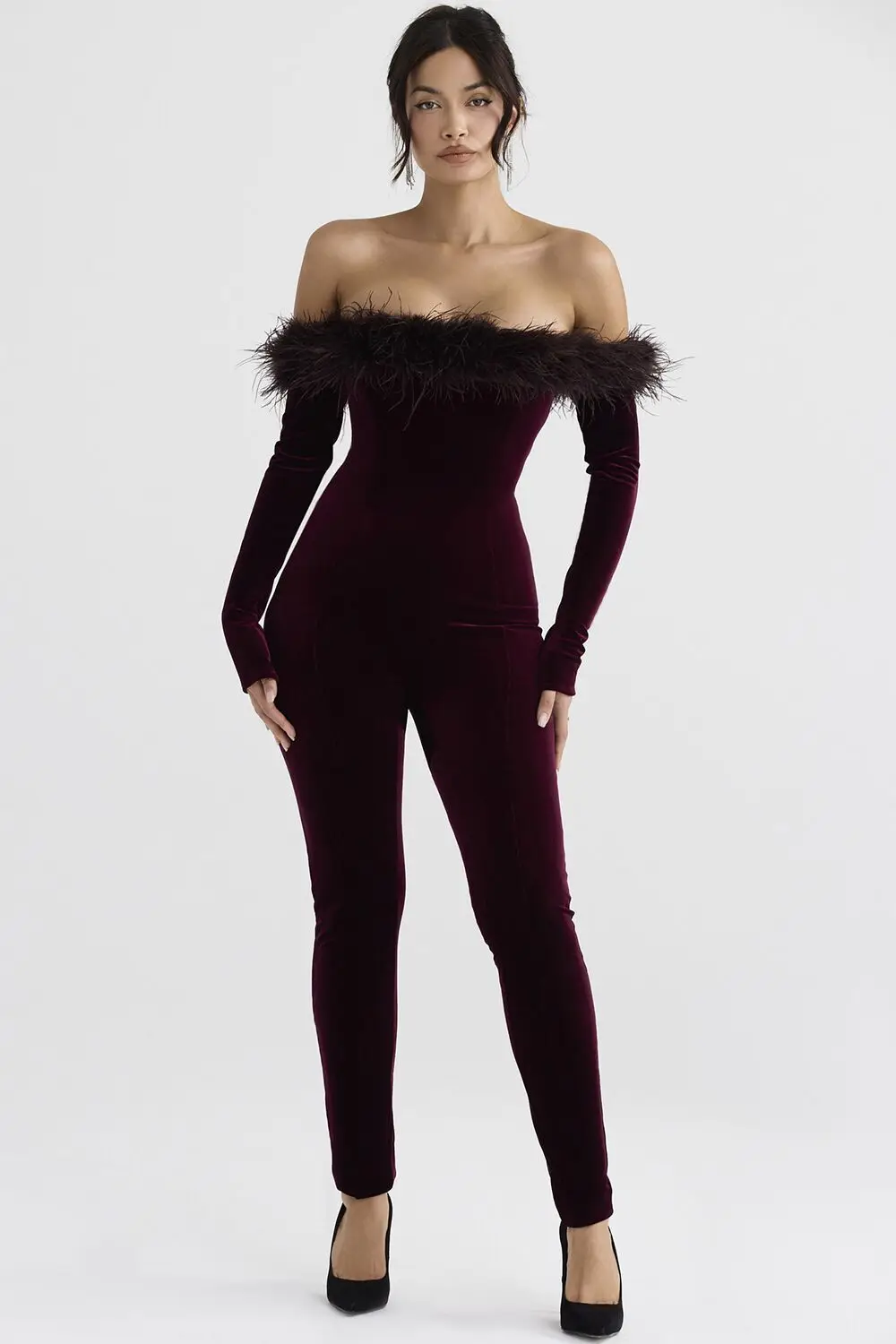 

Women Winter Warm Velvet Burgundy Party Outfits Off Shoulder Furry Long Sleeve Bodycon Jumpsuits Celebrity Evening Party Outfit