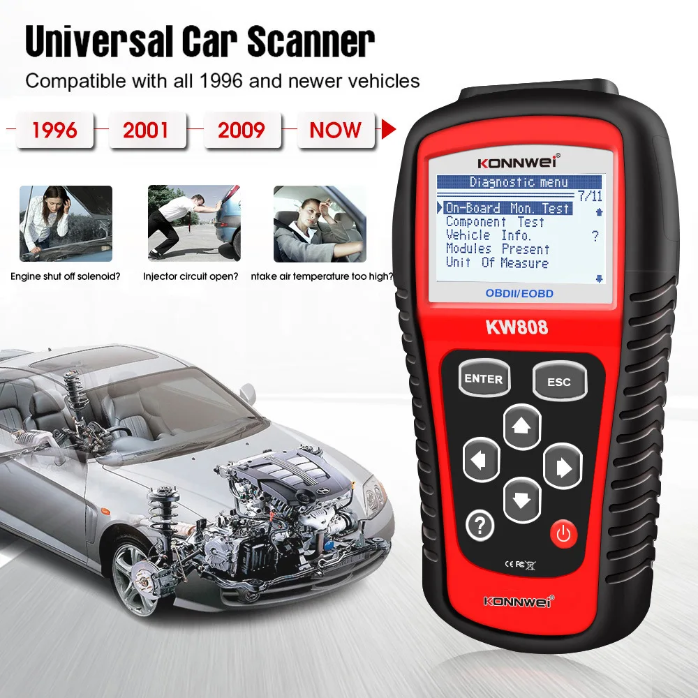 툴 엔진 고장 코드 리더 EOBD/CAN 자동 스캐너 리셋 체크 E 2026 신형 KONNWEI KW808 OBD2 스캐너 2.8인치 화면