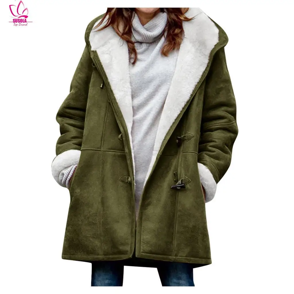 

Женское зимнее однотонное пальто SUSOLA, бархатное пальто с длинным рукавом, пальто с карманами и пряжкой из рога, теплое пальто с капюшоном, женская зимняя одежда