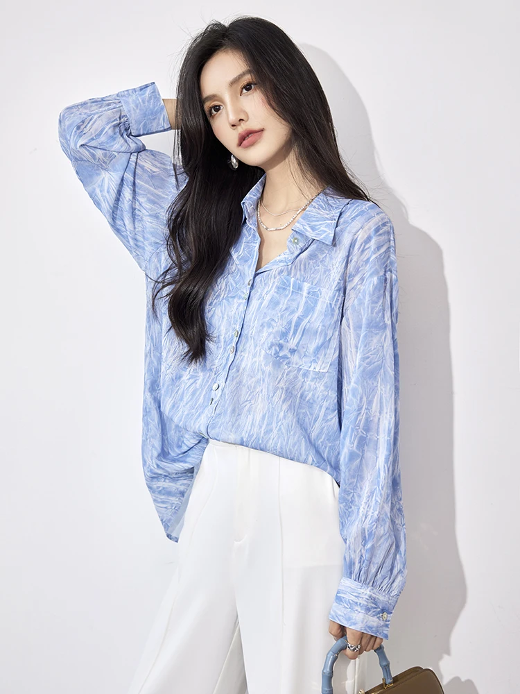 QOERLIN Designer Vintage Tie-Dyed Printed Blue Shirts Women 2023 New Arrival Loose Casual Tops Blouse Button Up Shirt Streetwear qoerlin designer chiffon shirts summer new 2023 elegant office buttons korean style women s blouses printed shirts tops s xxl