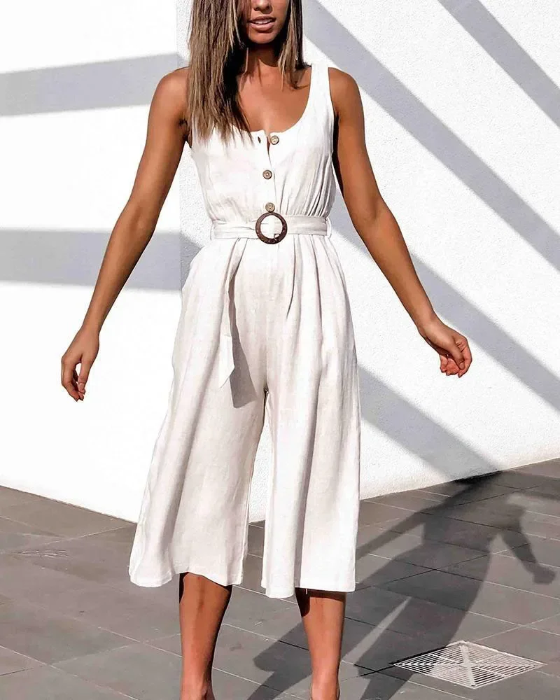 Fall Women Fashion Jumpsuit White Casual High Waist Solid Single Breasted Wide Leg Pants with Belt Calf-Length Rompers Playsuits
