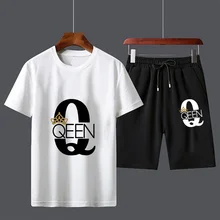 

Men's Summer Solid Color Casual Cotton T-shirt Loose Print Round Neck Short-sleeved Shirt Solid Color Shorts Suit 7 Colors S~3XL