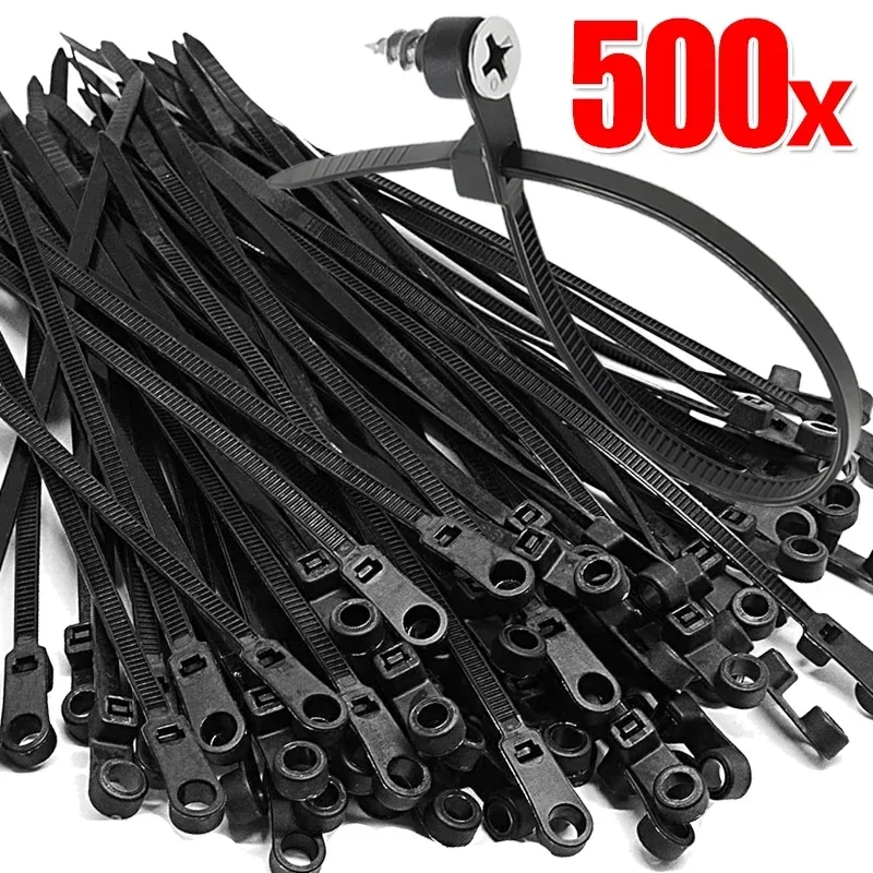 

500/100PCS Nylon Cable Ties with Screw Mounting Hole Self Locking Loop Wraps Bundle Fixed Cables Zip Tie Wire Fastening Straps