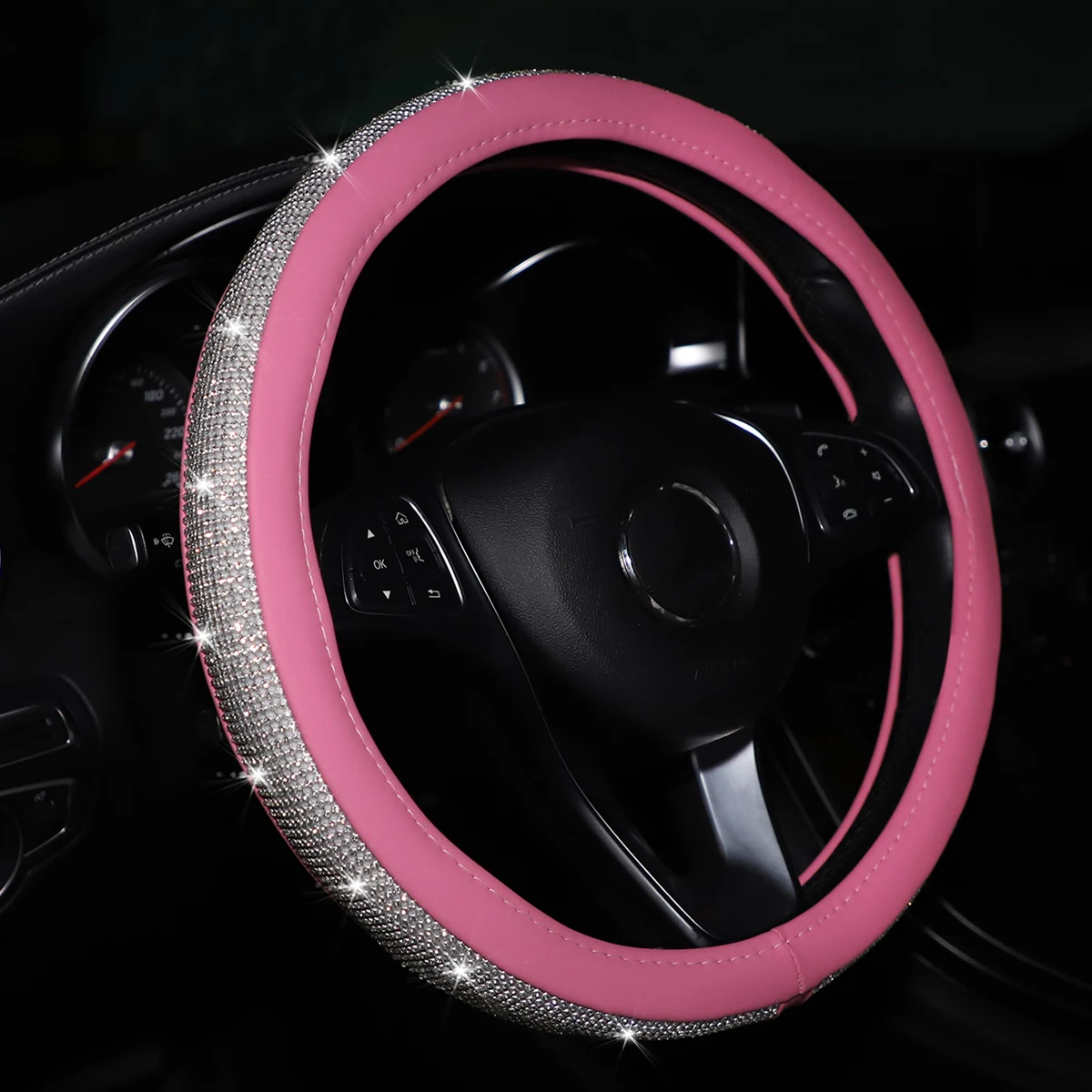 Steering Wheel Cover 1 diamond-encrusted flash BlingblingPU leather loop fits 14.5-15 "automotive supplies steering wheel cover